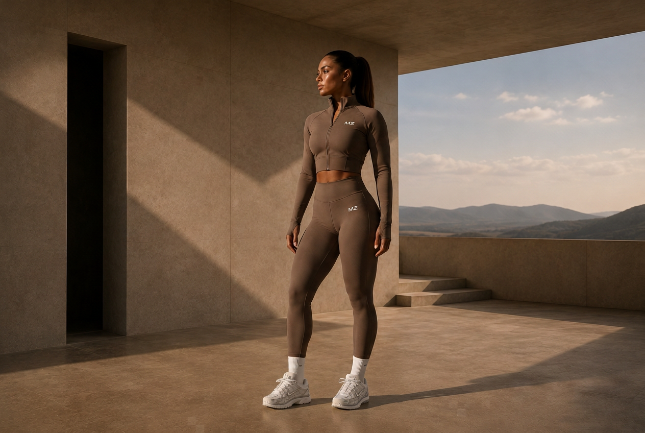 MODZ ACTIVE model in mocha cropped zip jacket en high-waist legging